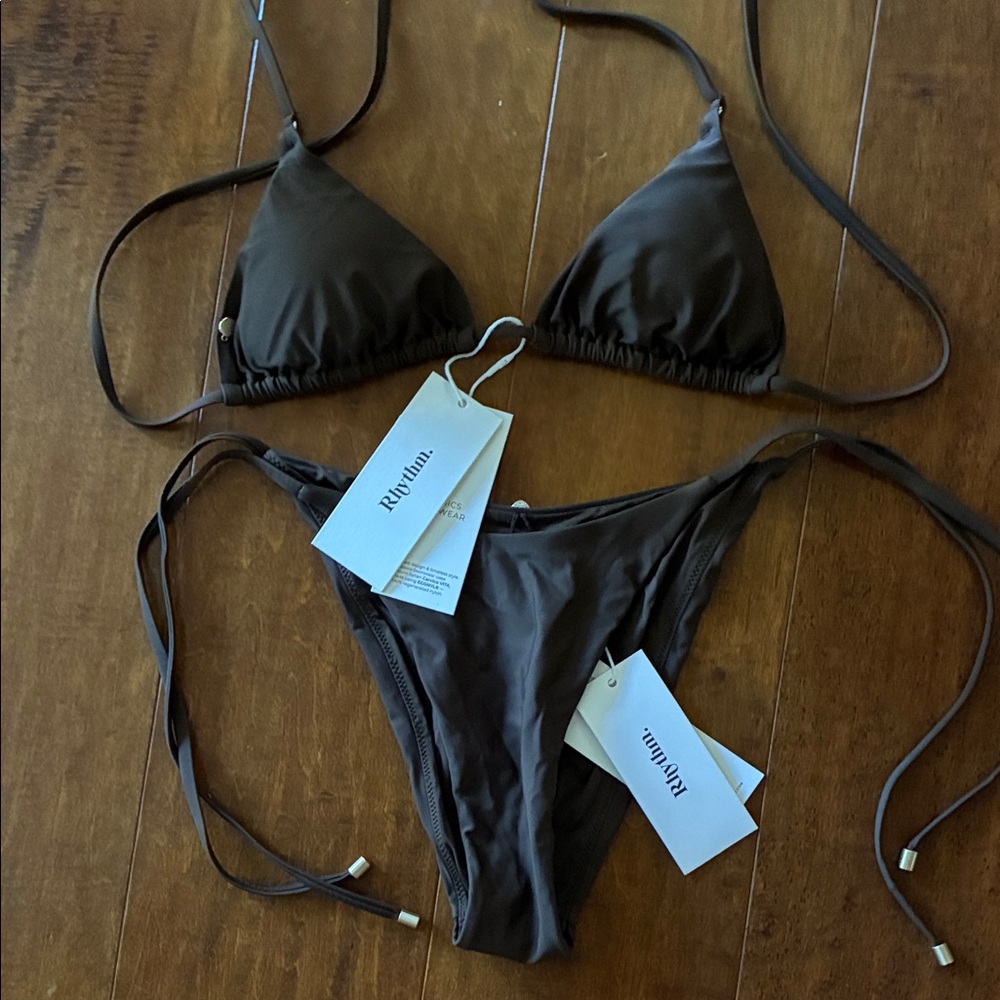 Rhythm chocolate classic tie side bikini set